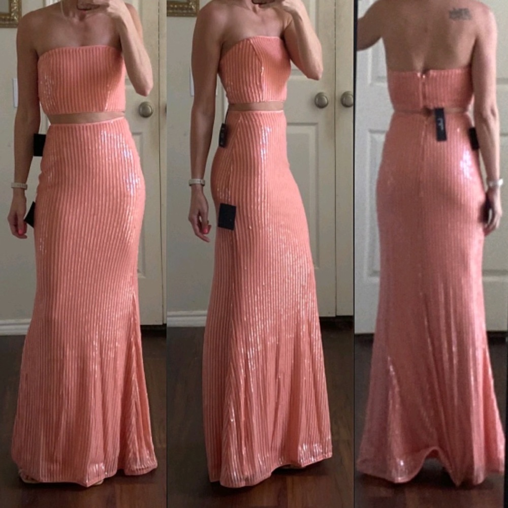 Lulu's Coral Sequin Two-Piece Strapless Prom Dress